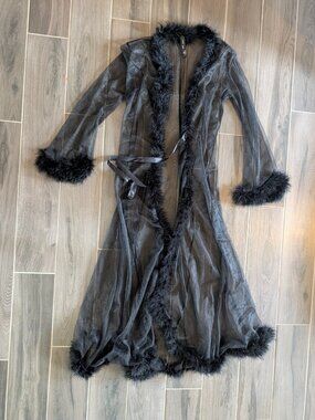 Be Wicked Sheer Black Feather Trim Robe Duster Lng Sleeve Maxi Lingerie Cover Up
